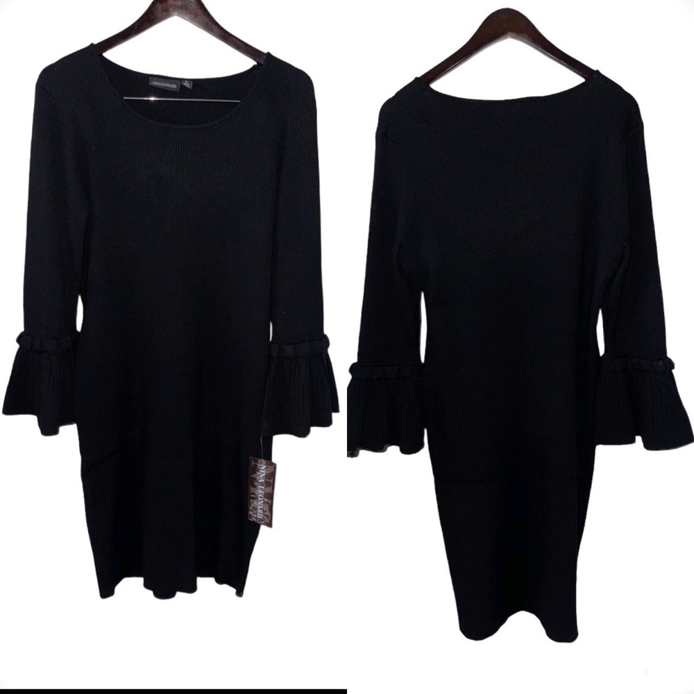 NINA LEONARD | Ribbed Knit Bell Sleeve Sweater Above- Knee Round Neckline Dress - Picture 9 of 16